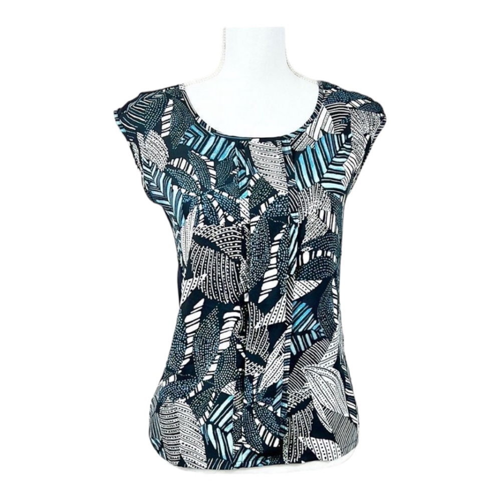 Ann Taylor Petites Navy Blue White Leaf Print Pleated Sleeveless Blouse XSP